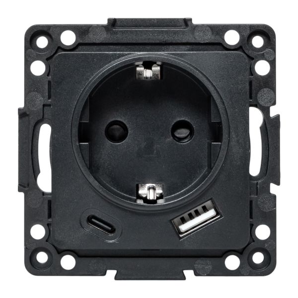 EKF Стокгольм Механизм Розетки 1-местной с/з, USB A+C 16А винтовые клеммы черный с защ. штор.