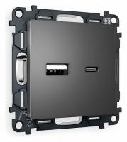 Комплект механизма розетки ALFA MA661010 Антрацит серый 2USB A+C 20W быстрая зарядка QUANT