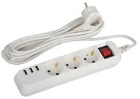 ЭРА Удлинитель электрический ЭРА U-3es-5m-USB c заземлением с выключателем 3 розетки + 3xUSBA 5м 10А