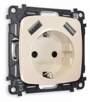 Комплект механизма электрической розетки OMEGA MO309010 Бежевый глянец 2USB A+A 18W быстрая зарядка с заземлением и шторками 2P+E 16A-250V QUANT