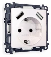 Комплект механизма электрической розетки ALFA MA209010 Жемчуг 2USB A+A 18W быстрая зарядка с заземлением и шторками 2P+E 16A-250V QUANT