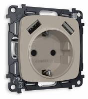 Комплект механизма электрической розетки OMEGA MO369010 Серо-бежевый матовый 2USB A+A18W быстрая зарядка с заземлением с шторками 2P+E 16A-250V QUANT