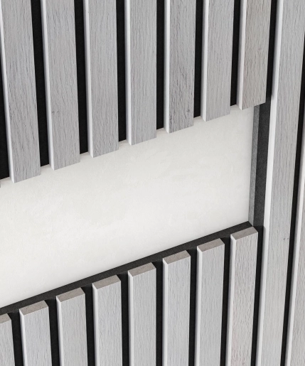 Акустическая панель, черный войлок, 1200х600х19мм, рейки МДФ дуб старинный светло-серый Акустическая панель, черный войлок, 1200х600х19мм, рейки МДФ дуб старинный светло-серый