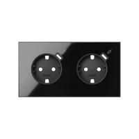 Simon 100 Черный глянец Кит 2 поста, фронт. Накладка на 2 роз.Schuko с з/у USB C