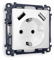 Комплект механизма электрической розетки ALFA MA109010 Белый глянец 2USB A+A 18W быстрая зарядка с заземлением и шторками 2P+E 16A-250V QUANT