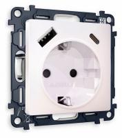 Комплект механизма электрической розетки ALFA MA210010 Жемчуг 2USB A+C 20W быстрая зарядка с заземлением и шторками 2P+E 16A-250V QUANT