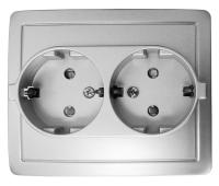 Simon 15 Алюминий Розетка двойная с заземлением 2*2Р+Е, с защитными шторками,винт.зажим,16А, 250В