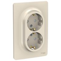 SE Unica New Беж Розетка с/з двойная, со шторками, винт. зажим.
