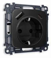 Комплект механизма электрической розетки OMEGA MO810010 Черный матовый 2USB A+C 20W быстрая зарядка с заземлением и шторками 2P+E 16A-250V QUANT