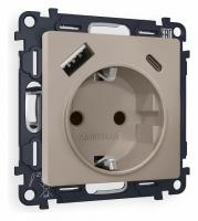 Комплект механизма электрической розетки ALFA MA370010 Серо-бежевый матовый 2USB A+C 20W быстрая зарядка с заземлением со шторками 2P+E 16A-250V QUANT