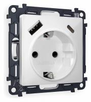 Комплект механизма электрической розетки ALFA MA130010 Белый матовый 2USB A+C 20W быстрая зарядка с заземлением со шторками 2P+E 16A-250V QUANT