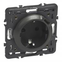 Legrand Celiane Графит Розетка комбинированная 2К+З 16А ~250В со встр зар устройством USB C 1.5А 5В с лицевой панелью и суппортом