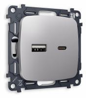 Комплект механизма розетки OMEGA MO511010 Сталь матовый 2USB A+C 20W быстрая зарядка QUANT