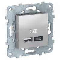 SE Unica New Алюминий Розетка USB, 2-местная, тип А+С, 5 В / 2400 мА
