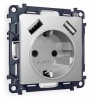 Комплект механизма электрической розетки ALFA MA409010 Серебро глянец 2USB A+A 18W быстрая зарядка с заземлением и шторками 2P+E 16A-250V QUANT
