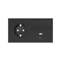 Simon 100 Черный матовый Кит 2 поста, фронт. Накладка на 1 роз.Schuko (прв) + 1 з/у USB C + 1 клав.светорег-ра