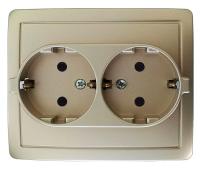 Simon 15 Шампань Розетка 2-ая с/з 2*2Р+Е без шторок, винт.зажим,16А, 250В