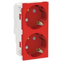SE Unica New Красная Розетка с/з двойная, со шторками, винт. зажим.