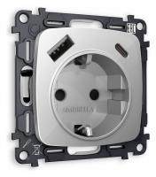Комплект механизма электрической розетки OMEGA MO410010 Серебро глянец 2USB A+C 20W быстрая зарядка с заземлением и шторками 2P+E 16A-250V QUANT