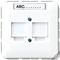 JUNG крышка для модульных гнёзд со шторкой и местом для надписи 6х37 мм для 1-ого модульного гнезда, крепление винтами, шторка с пружиной для 2-х разъ