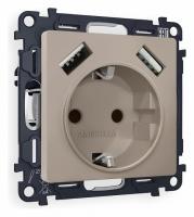 Комплект механизма электрической розетки ALFA MA369010 Серо-бежевый матовый 2USB A+A 18W быстрая зарядка с заземлением со шторками 2P+E 16A-250V QUANT
