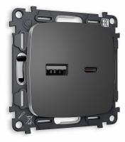 Комплект механизма розетки OMEGA MO661010 Антрацит серый 2USB A+C 20W быстрая зарядка QUANT