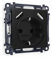 Комплект механизма электрической розетки ALFA MA809010 Черный матовый 2USB A+A 18W быстрая зарядка с заземлением и шторками 2P+E 16A-250V QUANT