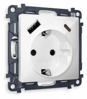 Комплект механизма электрической розетки ALFA MA110010 Белый глянец 2USB A+C 20W быстрая зарядка с заземлением и шторками 2P+E 16A-250V QUANT