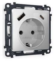 Комплект механизма электрической розетки ALFA MA410010 Серебро глянец 2USB A+C 20W быстрая зарядка с заземлением и шторками 2P+E 16A-250V QUANT