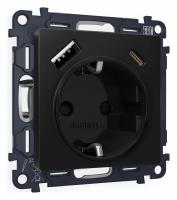 Комплект механизма электрической розетки ALFA MA810010 Черный матовый 2USB A+C 20W быстрая зарядка с заземлением и шторками 2P+E 16A-250V QUANT