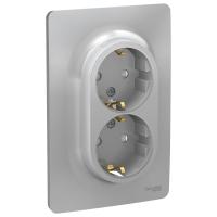 SE Unica New Алюминий Розетка с/з двойная, со шторками, винт. зажим.