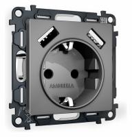 Комплект механизма электрической розетки ALFA MA659010 Антрацит серый 2USB A+A 18W быстрая зарядка с заземлением и шторками 2P+E 16A-250V QUANT