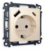 Комплект механизма электрической розетки ALFA MA330010 Бежевый матовый 2USB A+C 20W быстрая зарядка с заземлением со шторками 2P+E 16A-250V QUANT