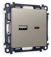 Комплект механизма розетки ALFA MA371010 Серо-бежевый матовый 2USB A+C 20W быстрая зарядка QUANT