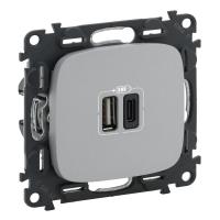 Legrand Valena Allure, алюминий, зарядное устройство с двумя USB разъемами A-C
