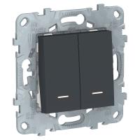 SE Unica New Антрацит Выключатель 2-клавишный, 2 модуля, с подсветкой, 2 х сх. 1а