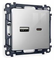 Комплект механизма розетки ALFA MA411010 Серебро глянец 2USB A+C 20W быстрая зарядка QUANT