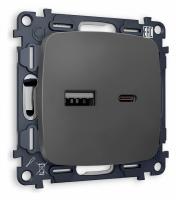 Комплект механизма розетки OMEGA MO911010 Графит мягкое касание 2USB A+C 20W быстрая зарядка QUANT