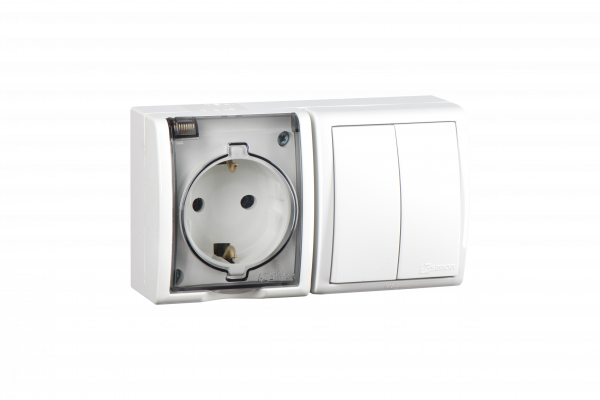 Simon 15 Aqua Белый Блок: Розетка 2P+E Schuko 16А 250В + выключатель двойной 10А 250В, IP54