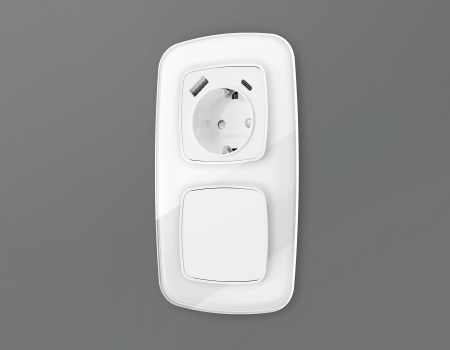 Лицевая панель OMEGA (Белый глянец) для розетки с заземлением со шторками 2USB тип A+C QUANT OP1100