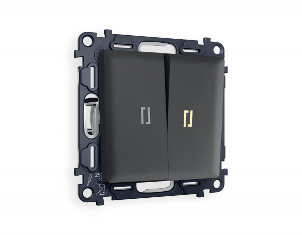 Комплект механизма 2-клавишного проходного выключателя с подсветкой 3200K ALFA MA904030 Графит мягкое касание QUANT