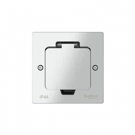 Systeme Electric MultiDesk Серебро Лючок с розеткой 2К+З, 16А/250В, IP44 с монтажной коробкой для стены, фальшпола, стола, тип MDK21