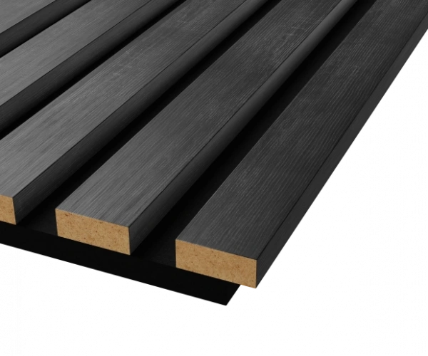 Акустическая панель, черный войлок, 2750х600х19мм, рейки МДФ дуб графит Акустическая панель, черный войлок, 2750х600х19мм, рейки МДФ дуб графит