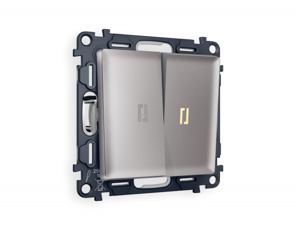 Комплект механизма 2-клавишного выключателя с подсветкой 3200K ALFA MA504010 Сталь матовый QUANT