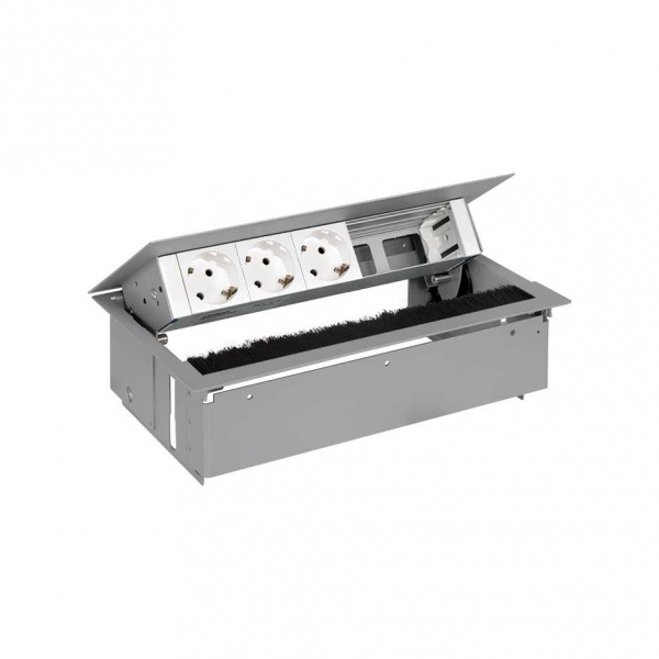 Simon 400 Алюминий Врезной розеточный блок с крышкой, ввод щетка, 3x2P+E, 2 пустых модуля