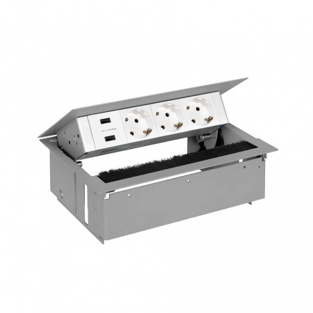 Simon 400 Врезной x4 розеточный блок, щетка, 3x2P+E, 2xUSB з/у, Алюминий,