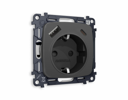 Комплект механизма электрической розетки OMEGA MO910010 Графит мягкое касание 2USB A+C 20W быстрая зарядка с заземлением и шторками 2P+E 16A-250 QUANT