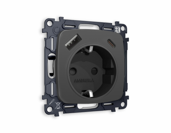 Комплект механизма электрической розетки OMEGA MO910010 Графит мягкое касание 2USB A+C 20W быстрая зарядка с заземлением и шторками 2P+E 16A-250 QUANT