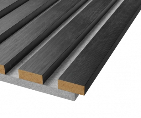 Акустическая панель, серый войлок, 2750х600х19мм, рейки МДФ дуб графит Акустическая панель, серый войлок, 2750х600х19мм, рейки МДФ дуб графит