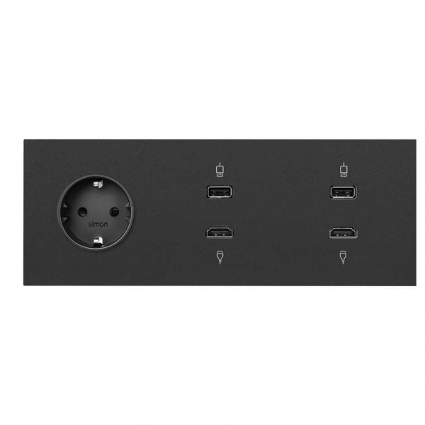 Simon 100 Черный матовый  Кит 3 поста, фронт. Накладка на 1 розетку Schuko + 2 розетки HDMI + 2 розетки USB